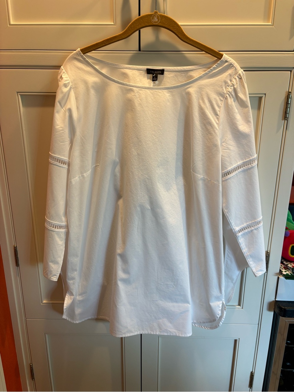 Talbots White Cotton Peasant Blouse with Ladder Trim